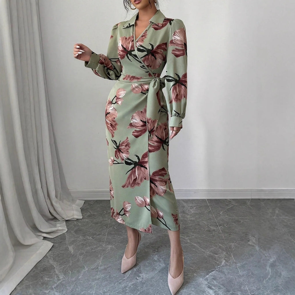 Army green long sleeve printed tie dress with belt, mid-rise waist and pencil style, sizes S to XL