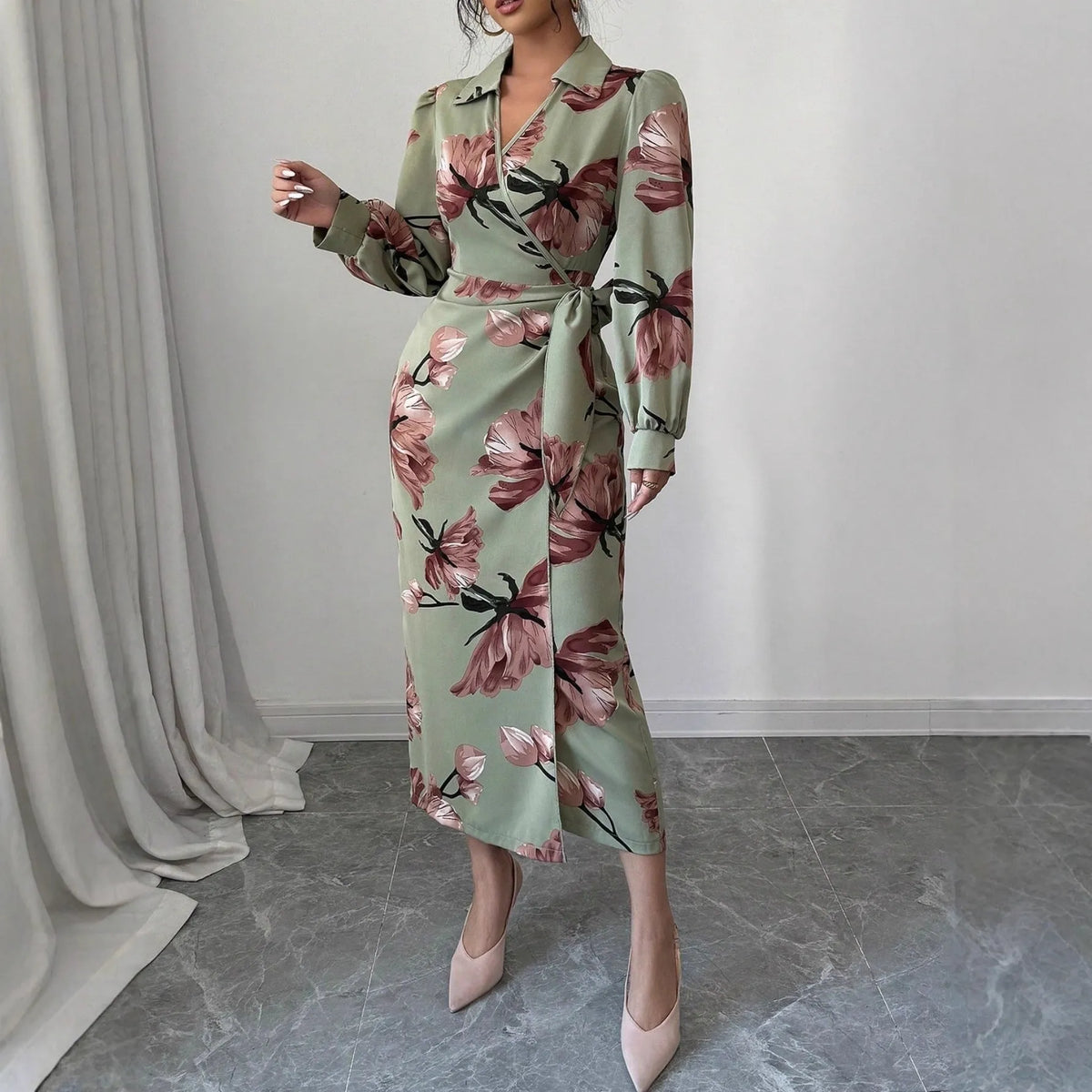 Army green long sleeve printed tie dress with belt, mid-rise waist and pencil style, sizes S to XL