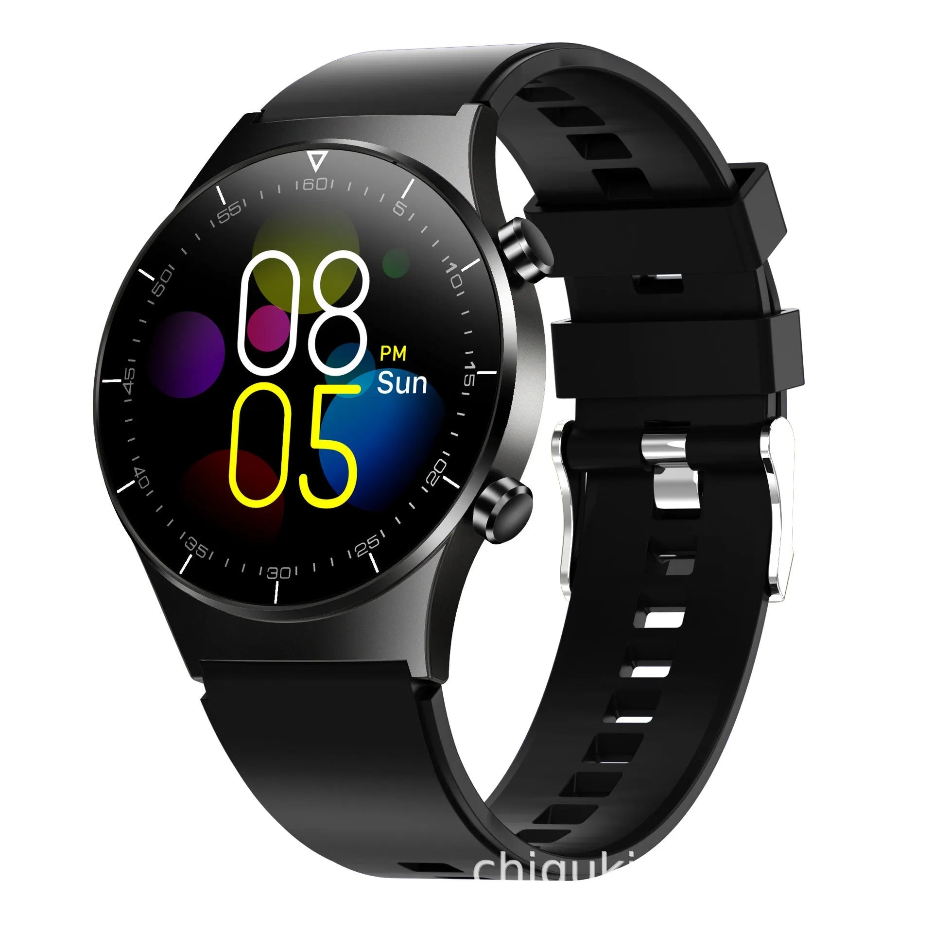 Black smart watch with astronaut bracelet on wrist, showing a 1.28-inch touchscreen displaying heart rate data.