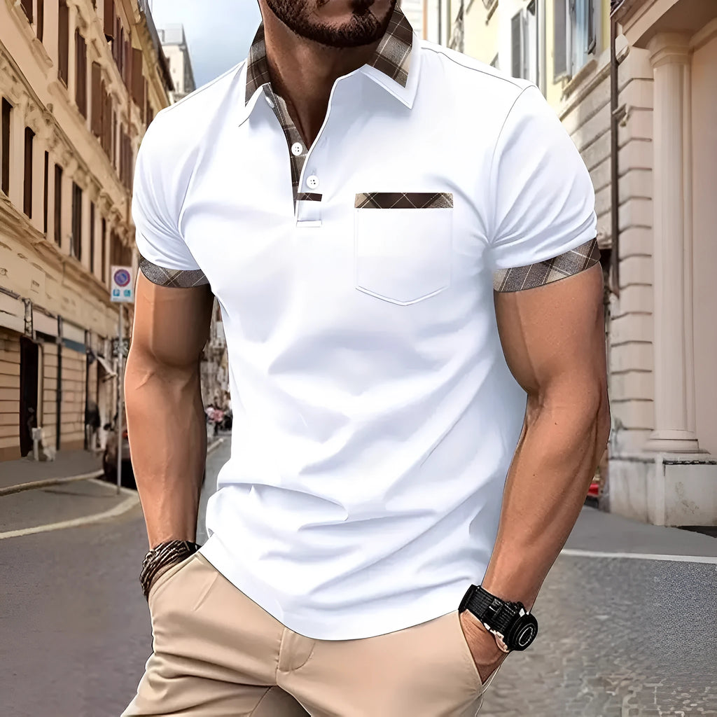 Man wearing a men's short sleeve plaid colourblock T-shirt in a solid colour.