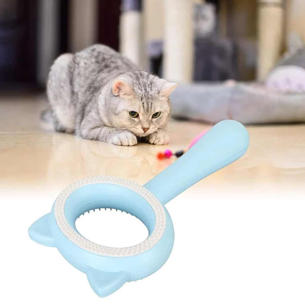 Blue and white double-sided pet grooming brush with a comfortable handle for cats and dogs.