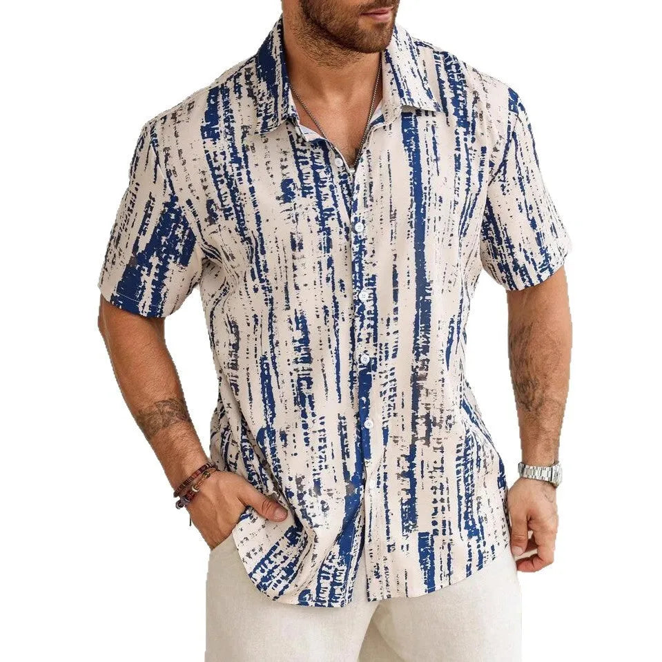 Men's blue and white striped short sleeve casual summer shirt on a hanger.