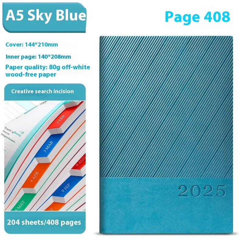 Executive A5 business notepad with striped PU leather cover open showing 80g wood-free paper