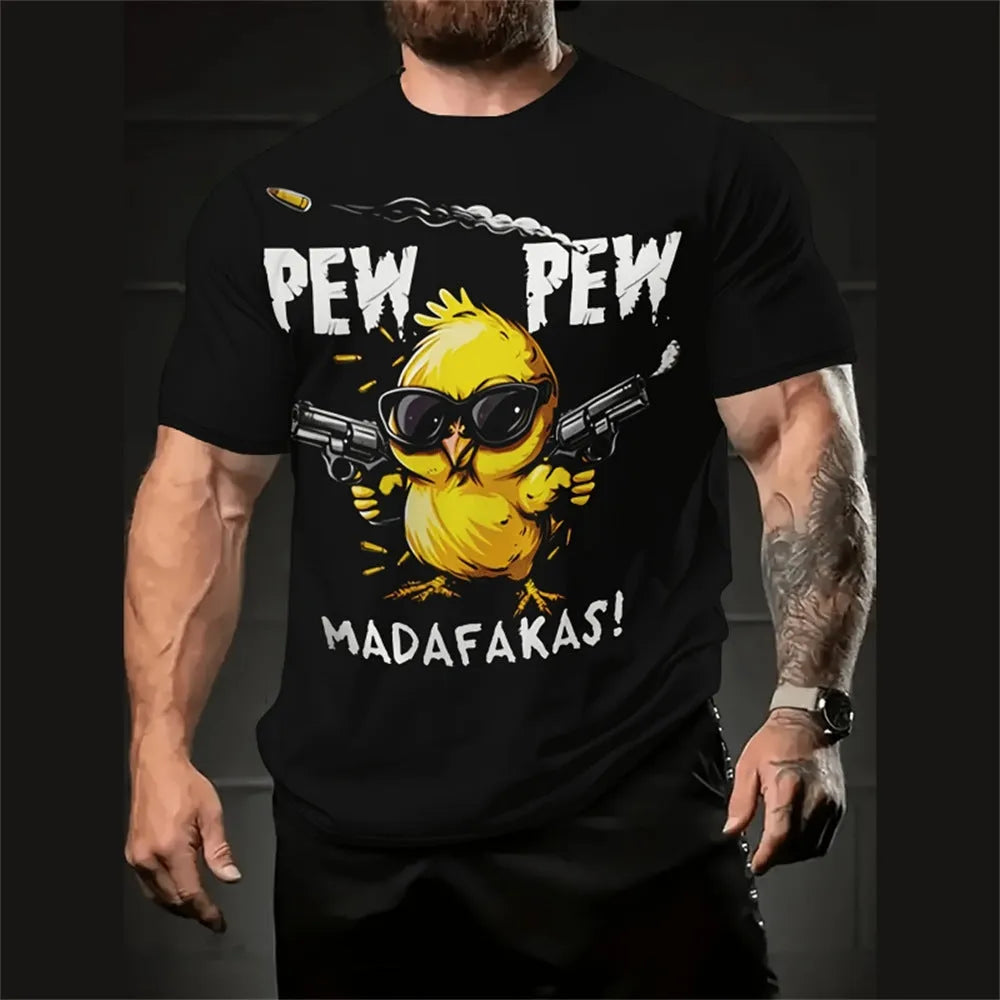 Men's loose fit t-shirt with 3D cartoon print on linen milk silk fabric