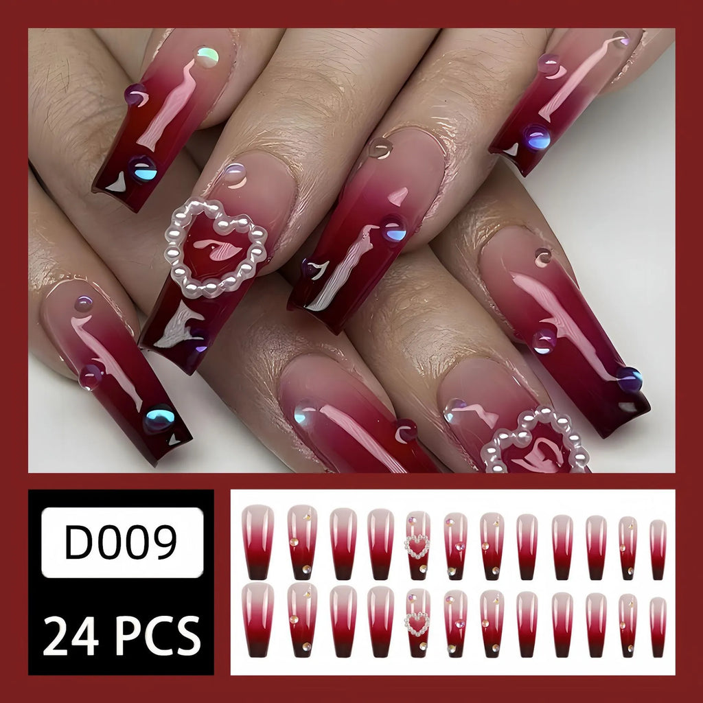 Wine red gradient fake nail tips with heart and plaid pattern, long ballet style, shown with jelly glue and rubbing cloth.