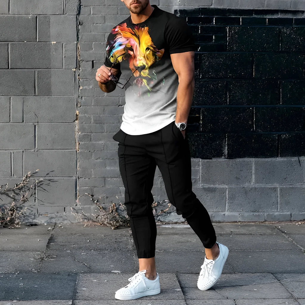 Man wearing a short-sleeved pullover and matching trousers from a polyester-blend suit set.