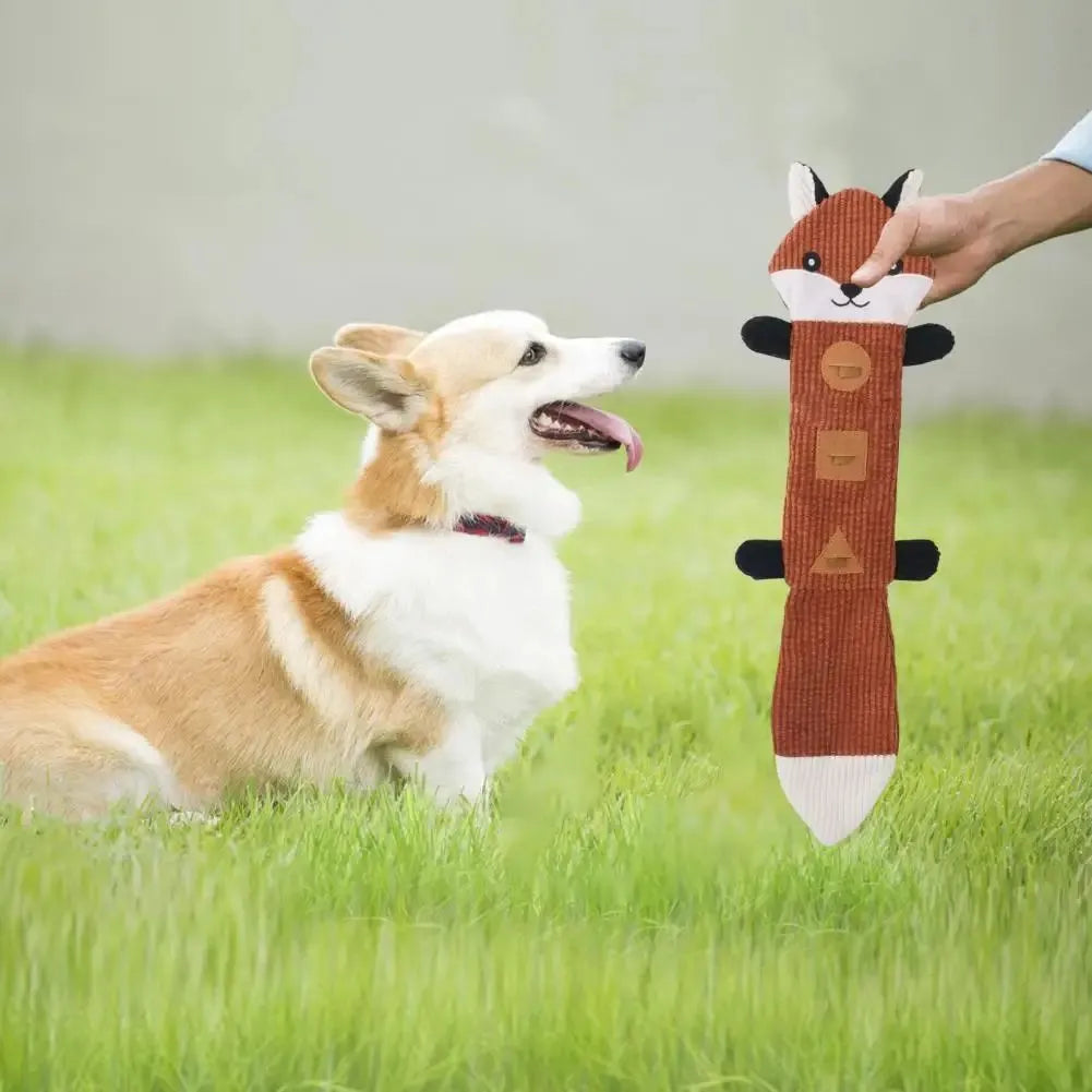 Plush animal-shaped dog toy, Fox design, 47cm long with squeaker and treat-dispensing pockets