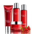 Pomegranate skincare set showing four red bottles: face wash, toner, lotion, and facial cream