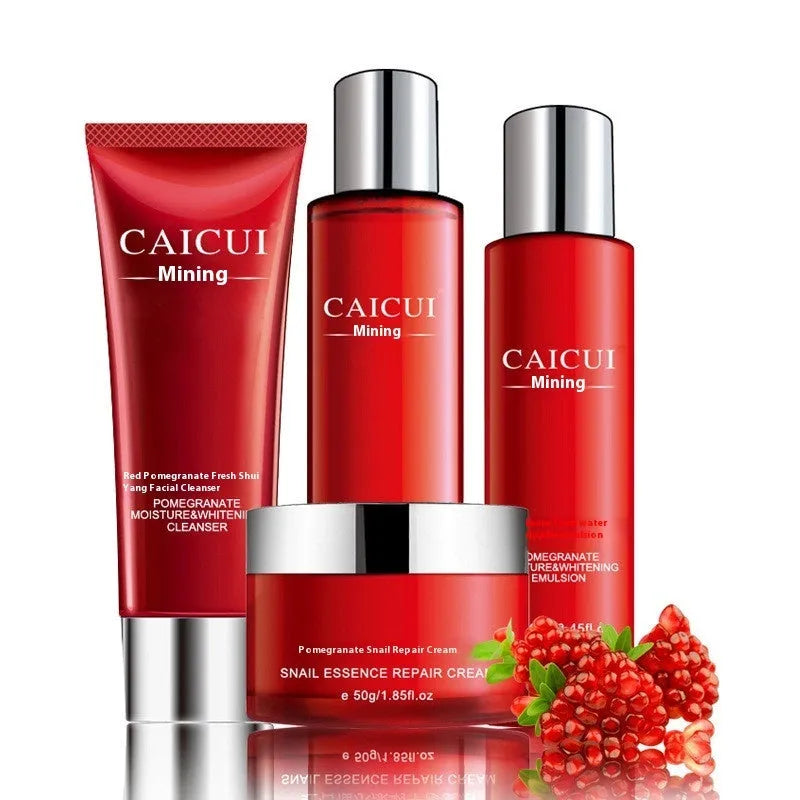 Pomegranate skincare set showing four red bottles: face wash, toner, lotion, and facial cream