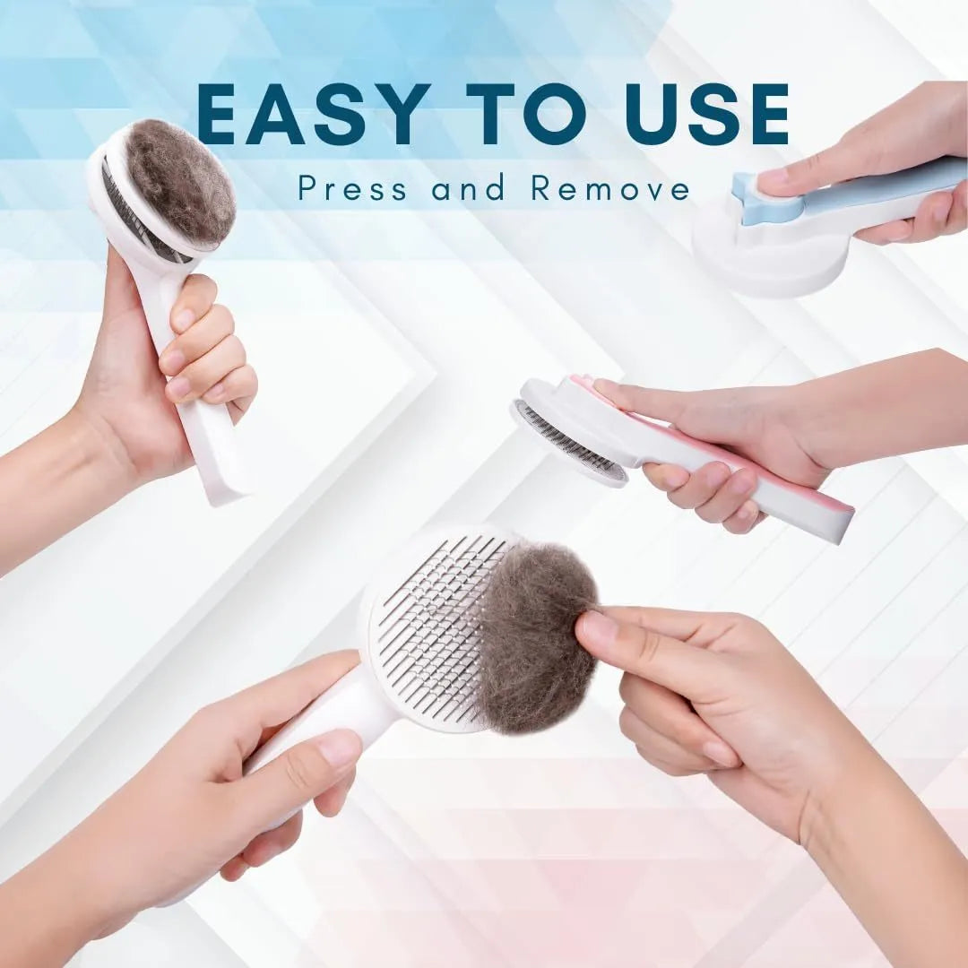 Blue self-cleaning slicker brush for dogs and cats with ergonomic rubber handle.
