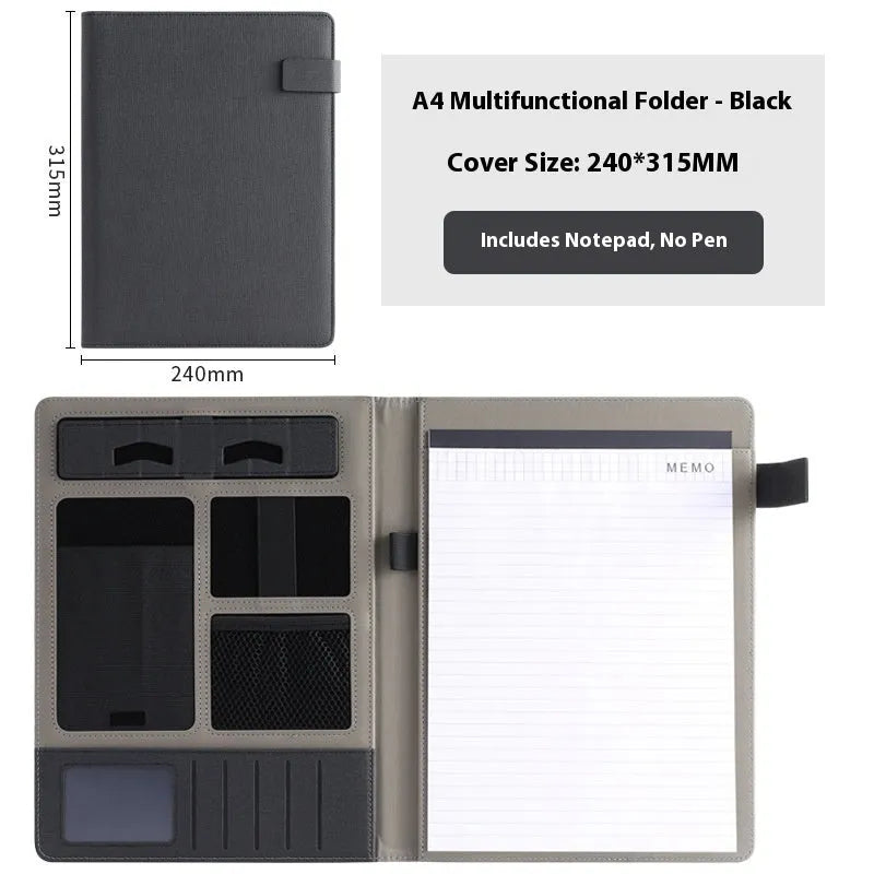 A4 leather business folder, 325x250mm, 35mm plate thickness, in black, grey or blue with pen and notepad options