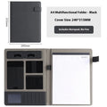 A4 leather business folder, 325x250mm, 35mm plate thickness, in black, grey or blue with pen and notepad options