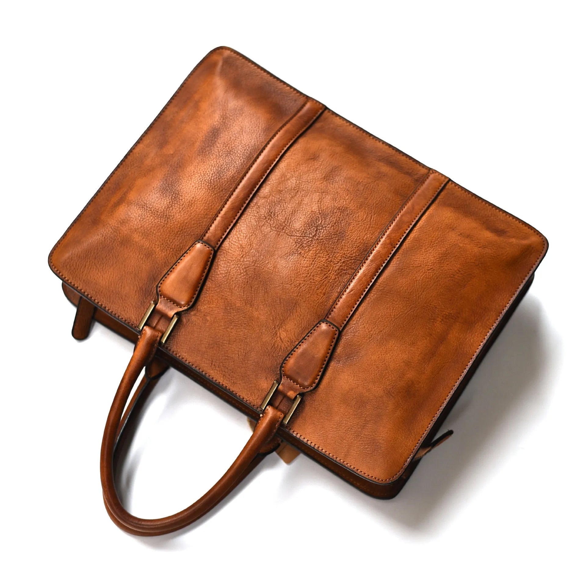 Men's brown leather handbag with horizontal design and zipper opening