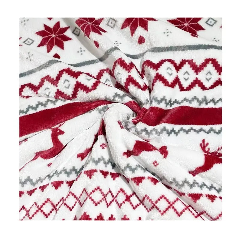 Flannel sherpa blanket in elk double white with cartoon anime pattern, shown in 152x127cm and 150x200cm sizes