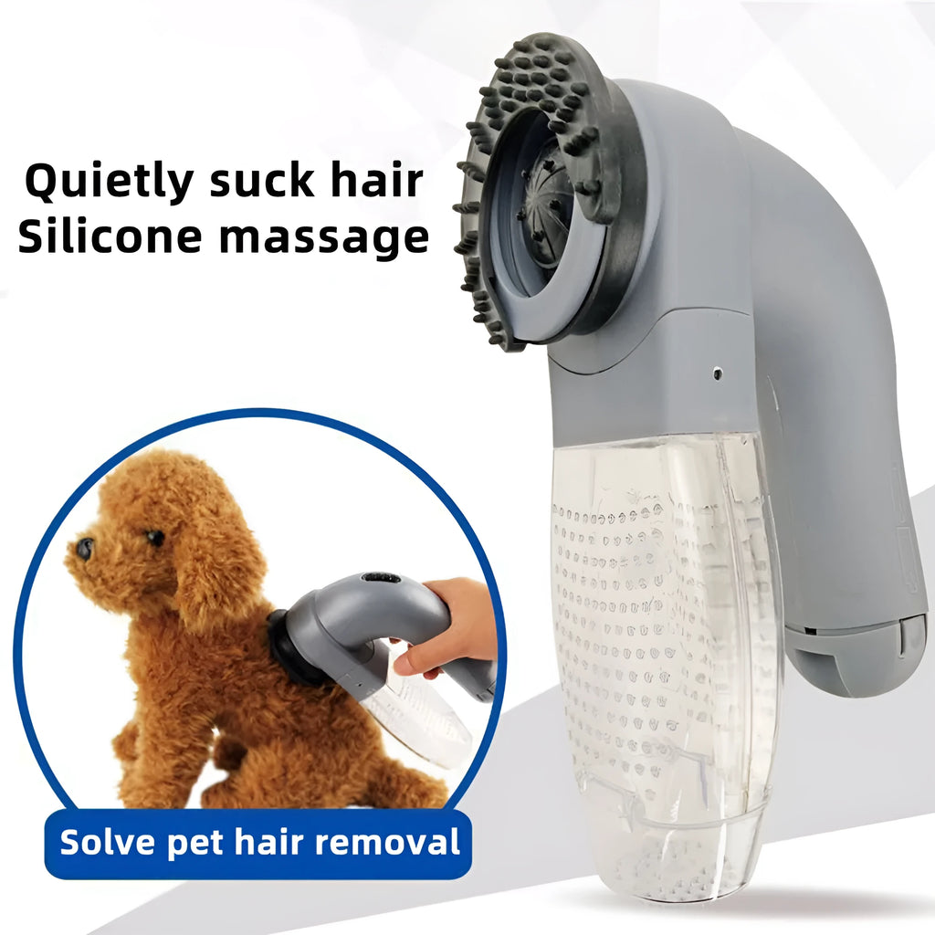 Grey handheld electric pet hair remover vacuum brush with soft rubber head.