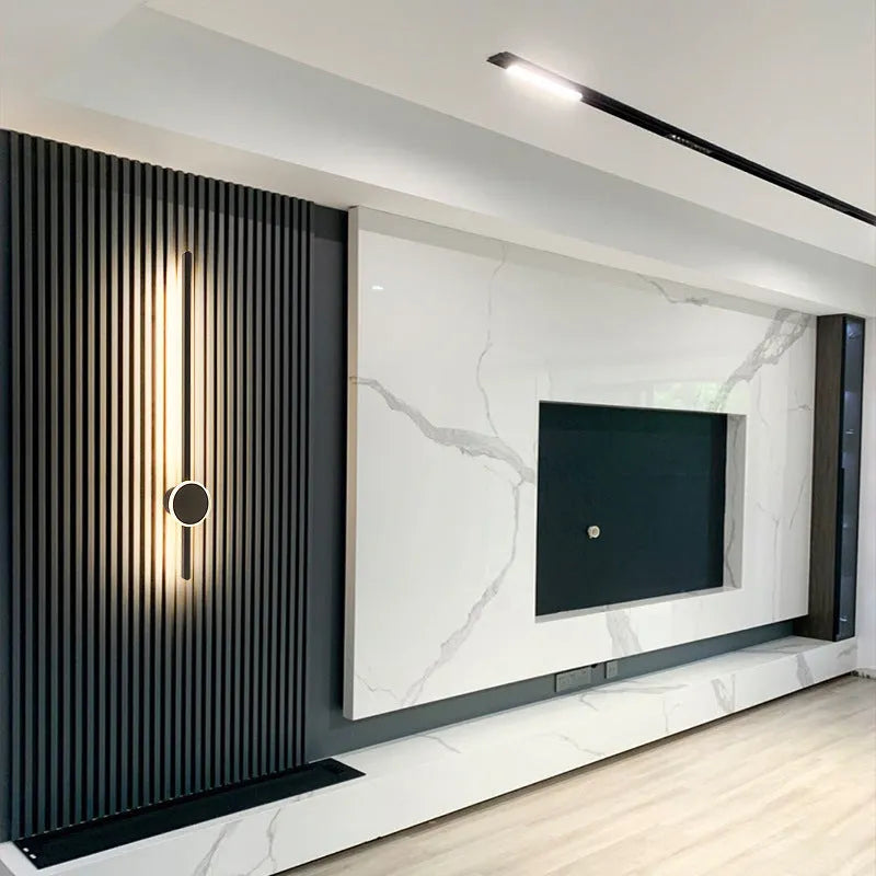 Black and white grid-free strip wall lamp with acrylic shade and three-colour LED lighting