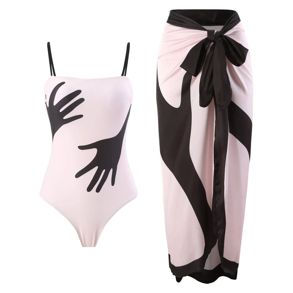 Women's patterned polyester bikini set with tulle skirt cover-up in sizes S M L XL