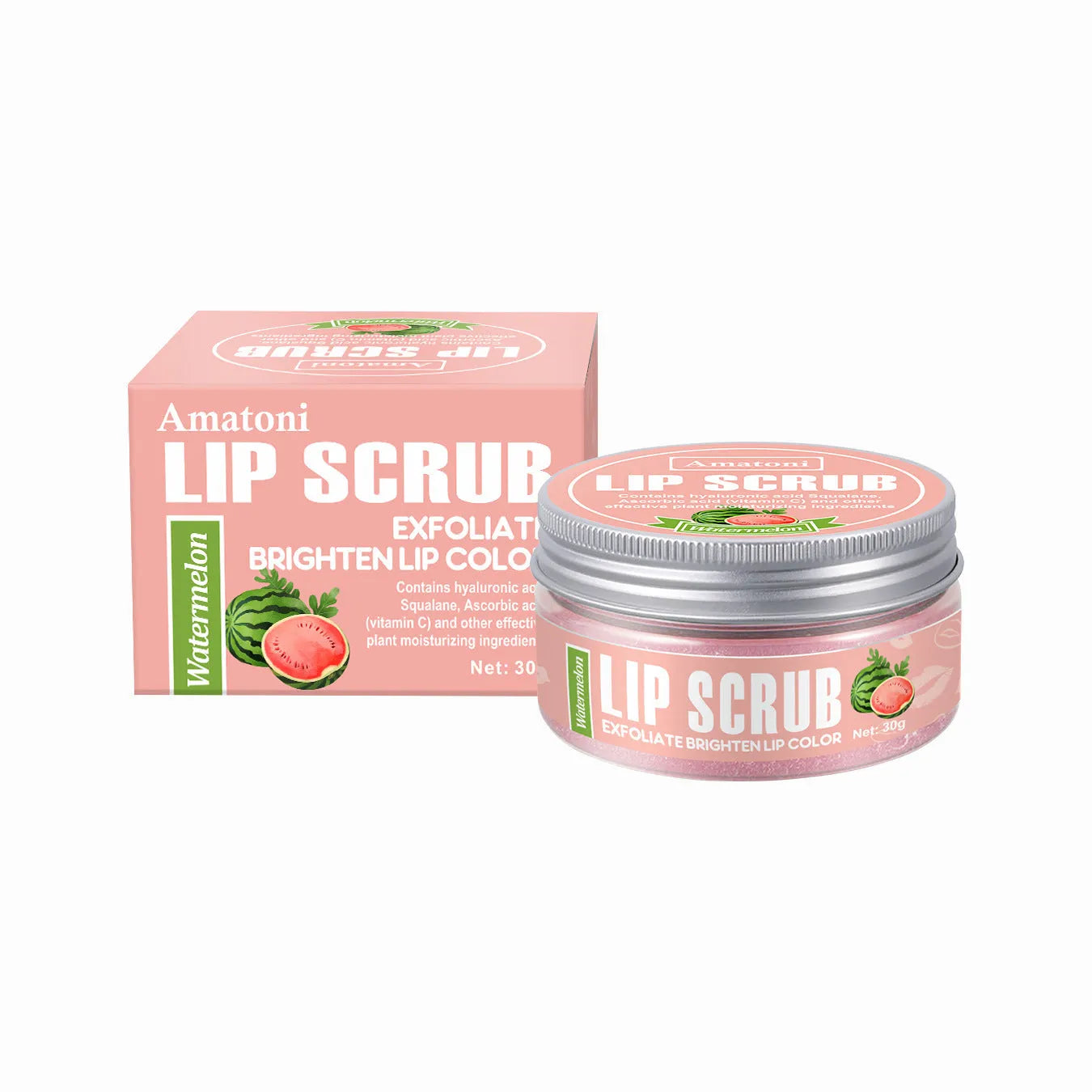 Lip scrub cream jar in fruit flavours: coconut, raspberry, vanilla, watermelon, 30g