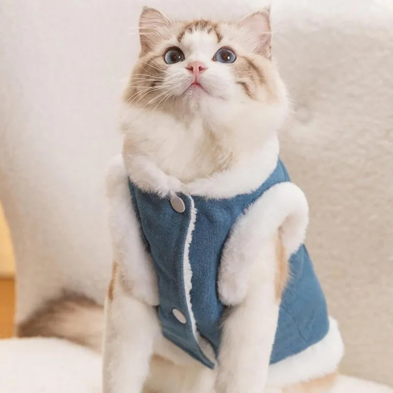 Denim blue pet vest with white wool lining, bear print, wooden buttons, and metal D-ring.