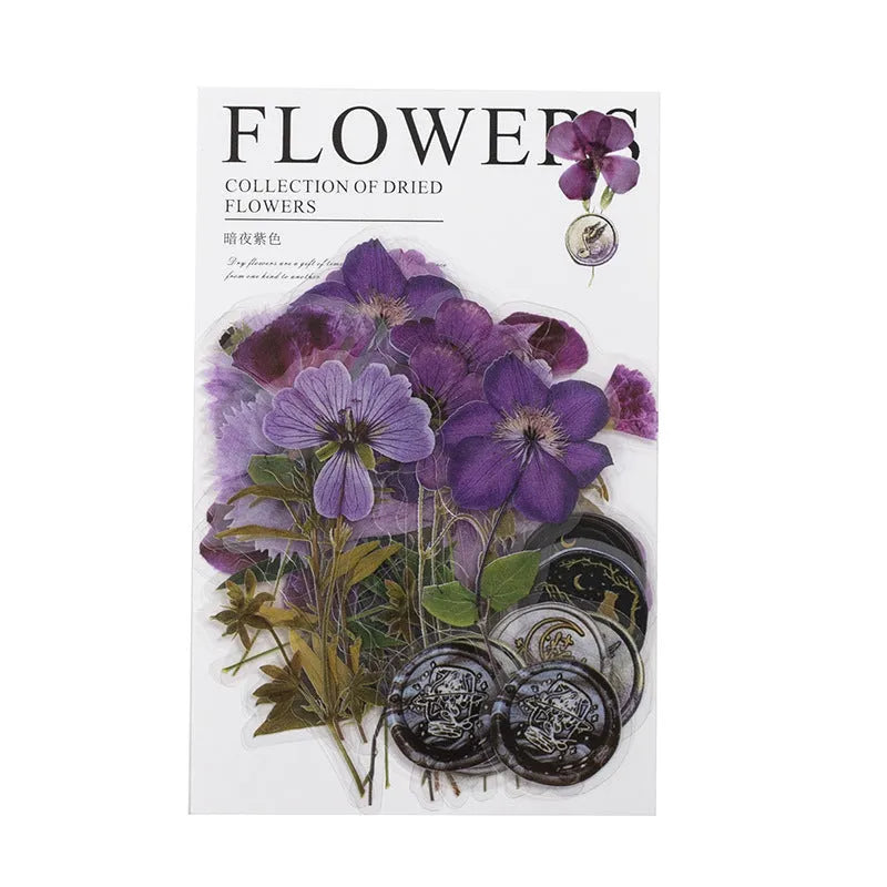 Package of colourful creative dried flower journal stickers showing eight different modern art style designs on clear PET sheets.