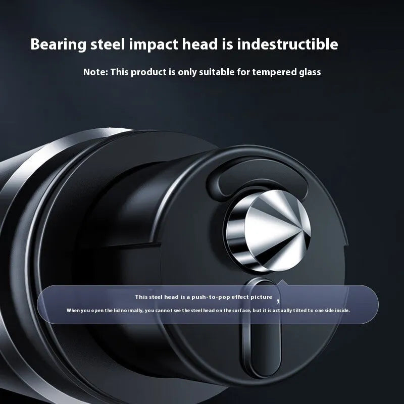 Gun grey aluminium car safety hammer with steel impact head measuring 87mm length