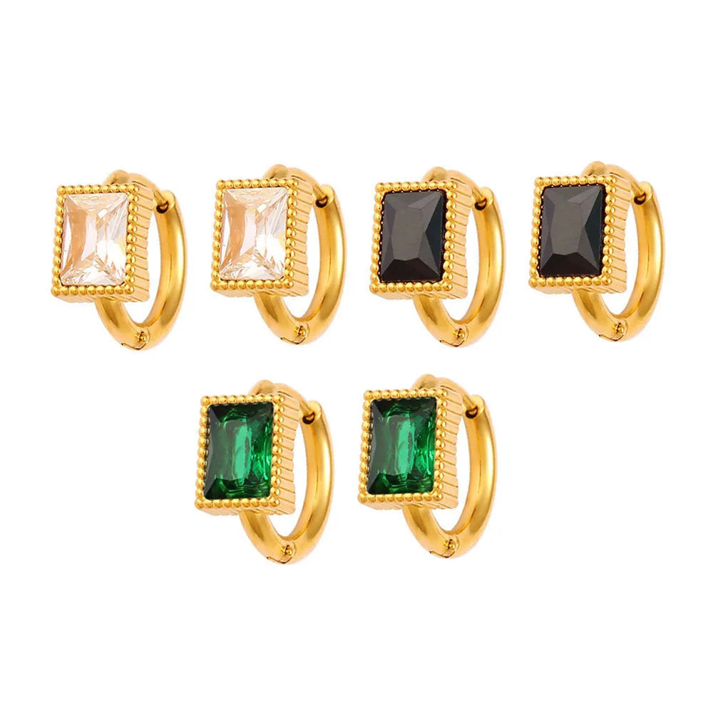 Square geometric stainless steel earrings with a round zircon stone, available in white, black, or green.