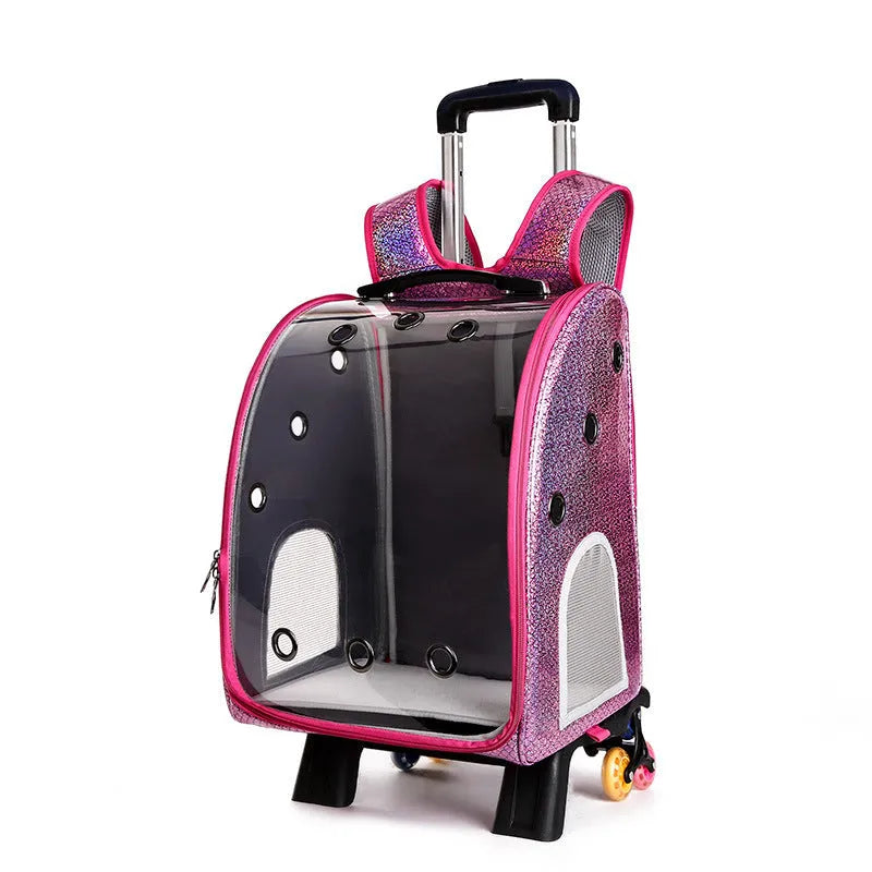Transparent folding shoulder pet trolley bag for small dogs and cats in blue colour