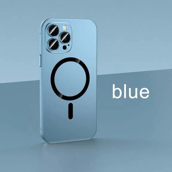Aluminium alloy and PC magnetic iPhone case with lens protector for iPhone 12, 13, 14 models in black, blue, gold, purple, silver.
