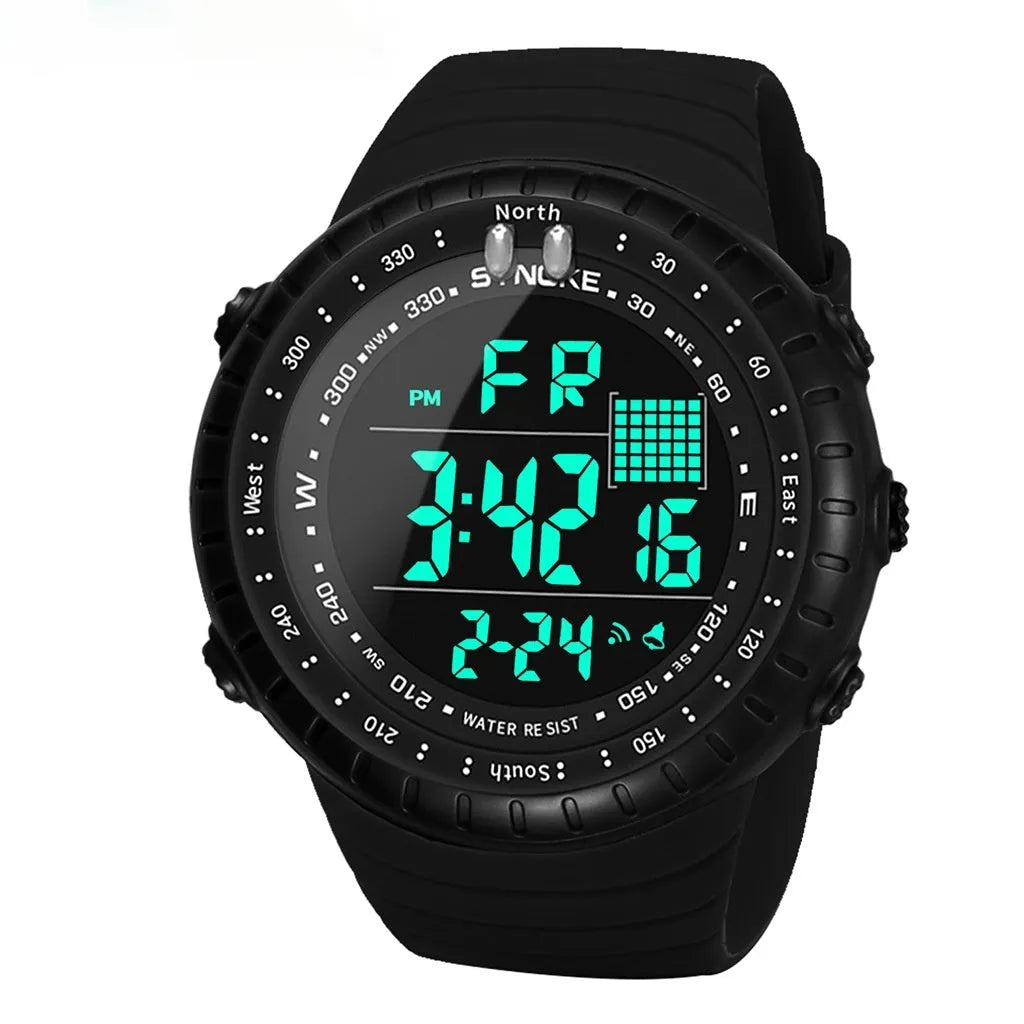 Black men's outdoor electronic watch with large dial on an adjustable PU strap.