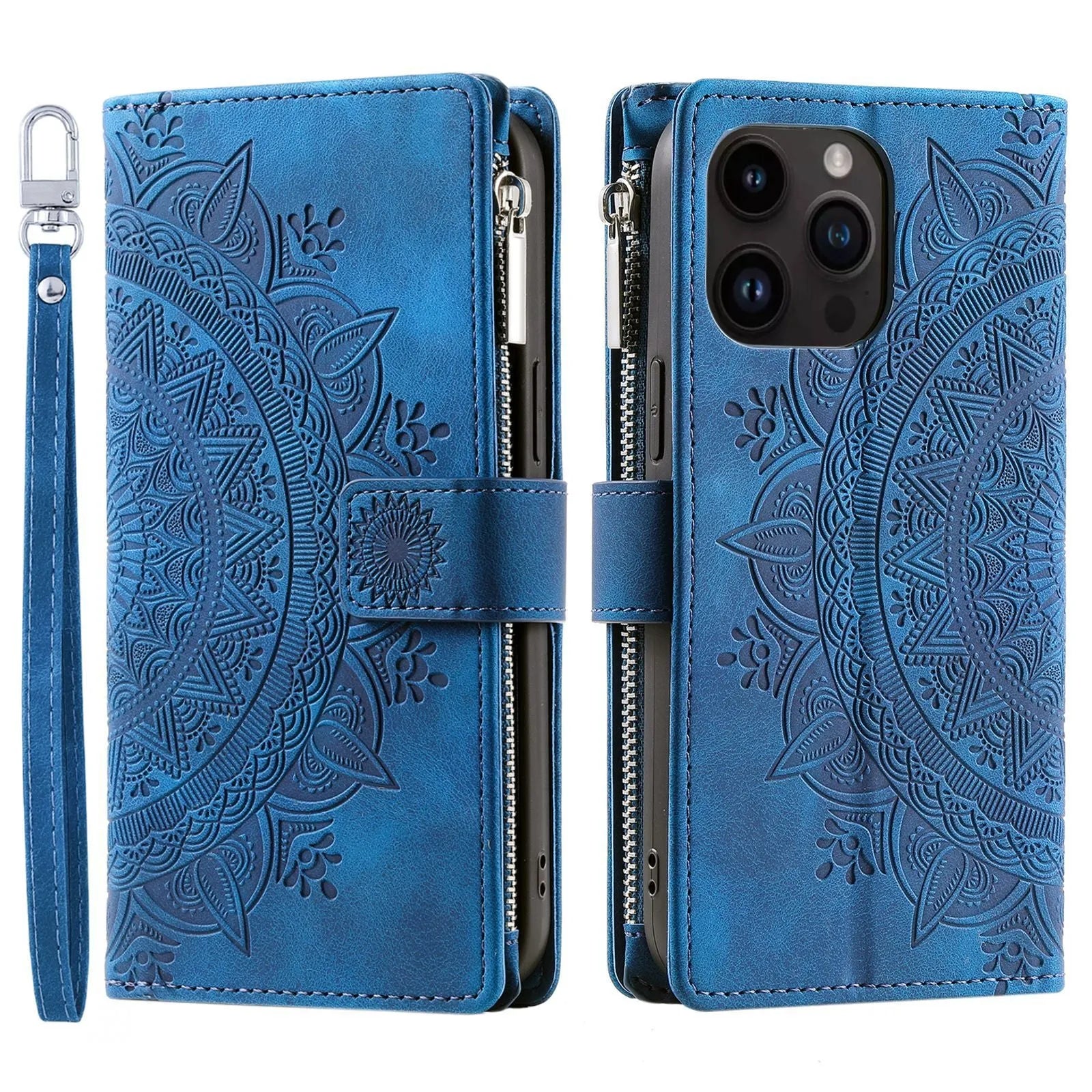 Faux leather card zipper phone case in purple with embossed texture and magnetic closure for iPhone 16