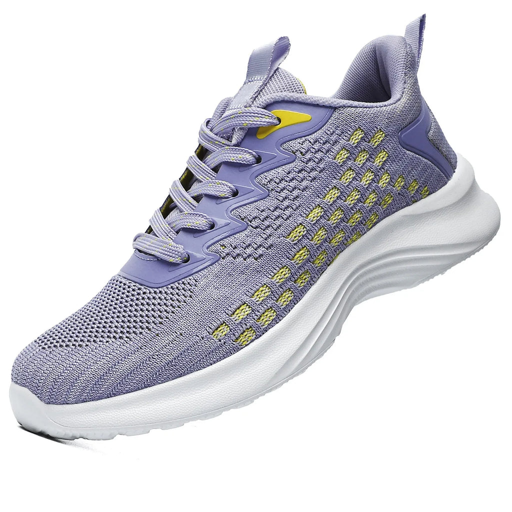 Lavender purple women's Flyknit running shoes with striped pattern and EVA sole.