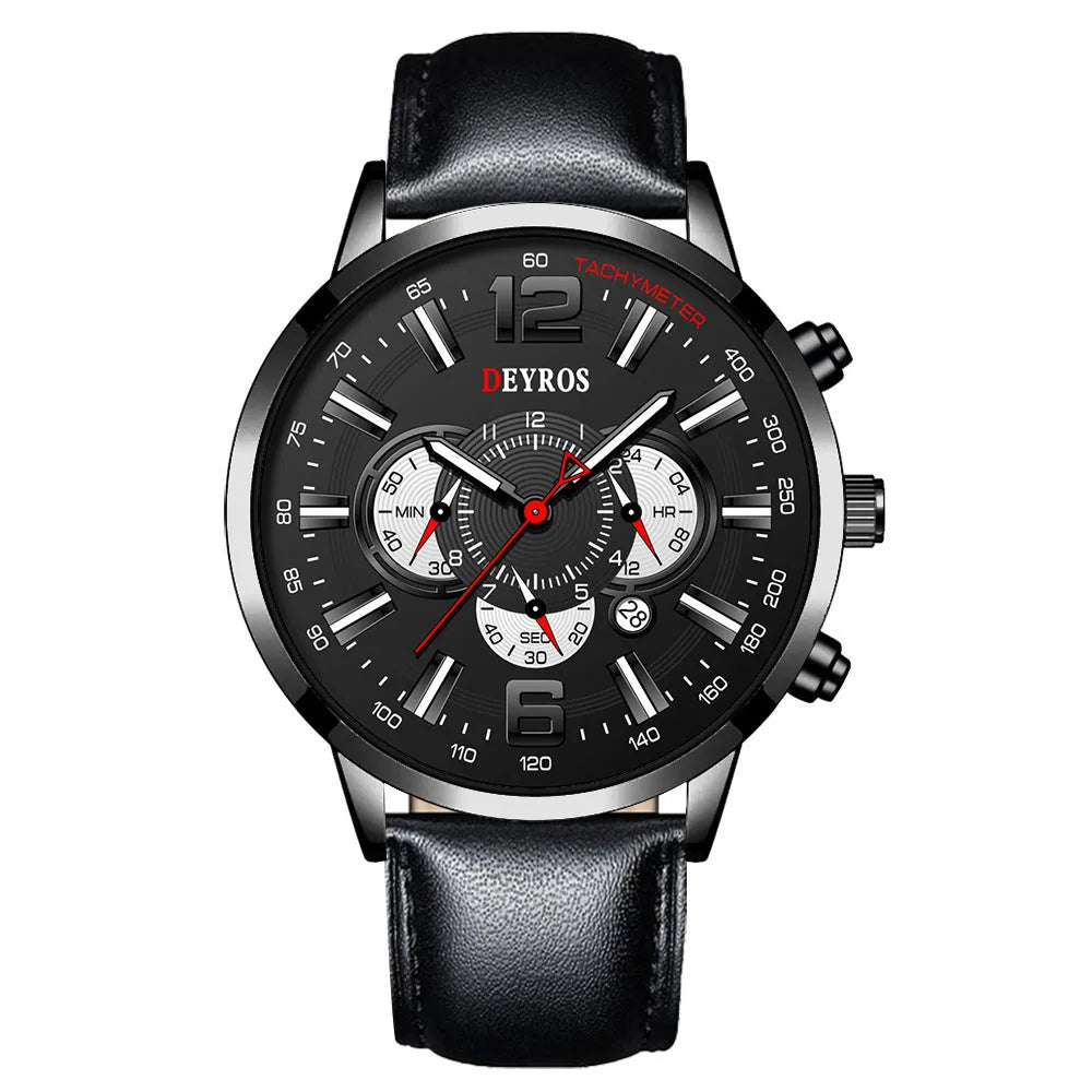 Men's luminous three eye sports watch with 9mm case and black or blue ribbon strap