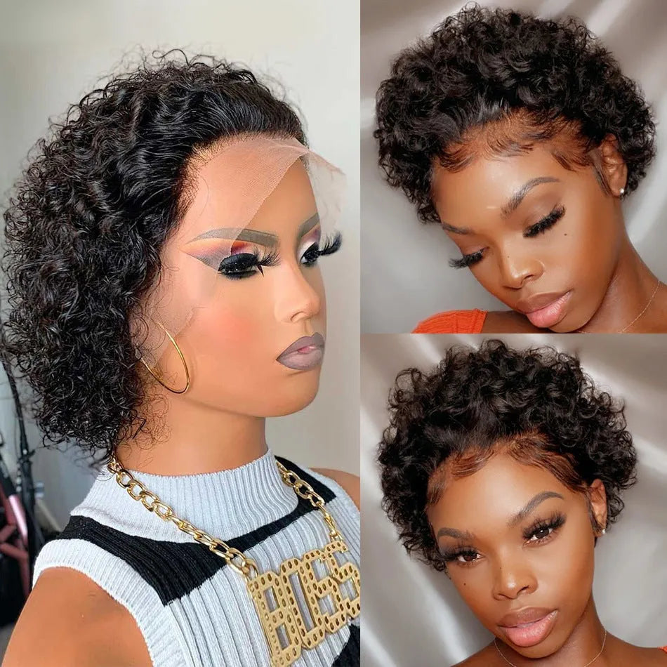 Black human hair pixie wig lace cover in 13x1 colour