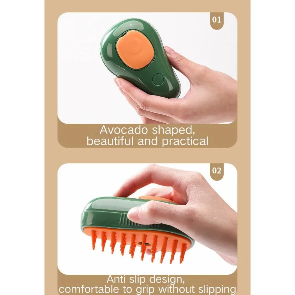 Green and white rechargeable 3-in-1 cat steam brush with silicone teeth and water spray.