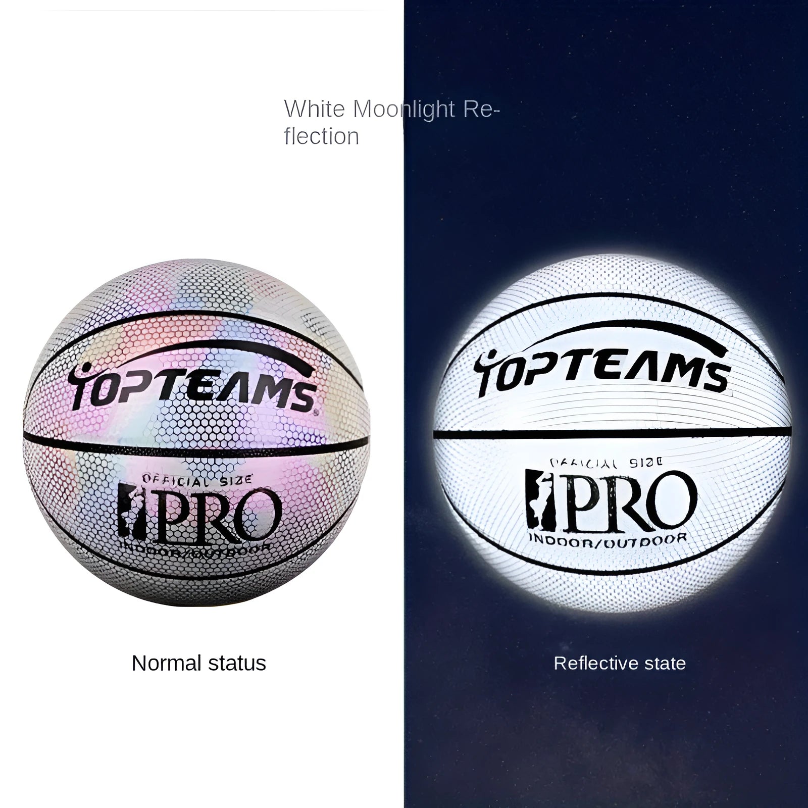 Holographic luminous reflective no. 7 basketball in chroma colour with wear-resistant PU surface