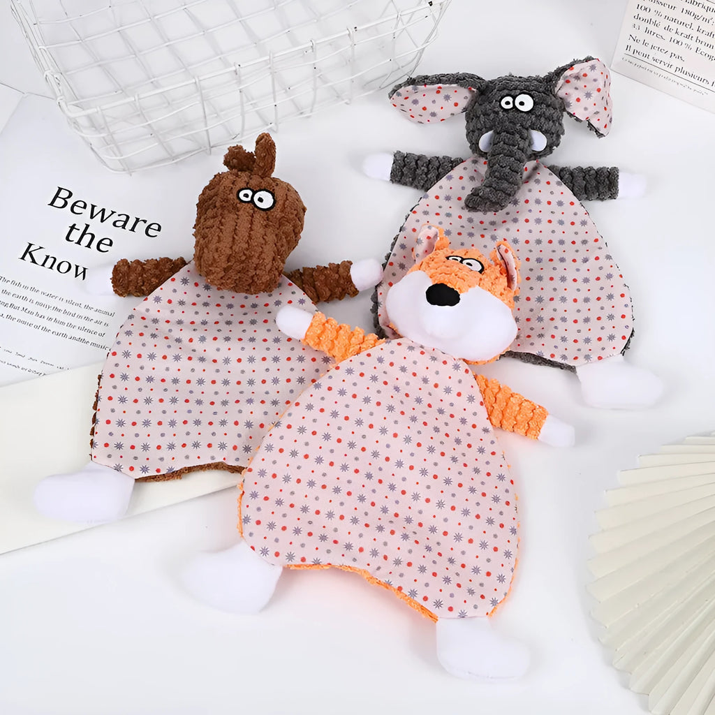 Brown velvet fox-shaped pet toy with sound element for interactive cat and dog play