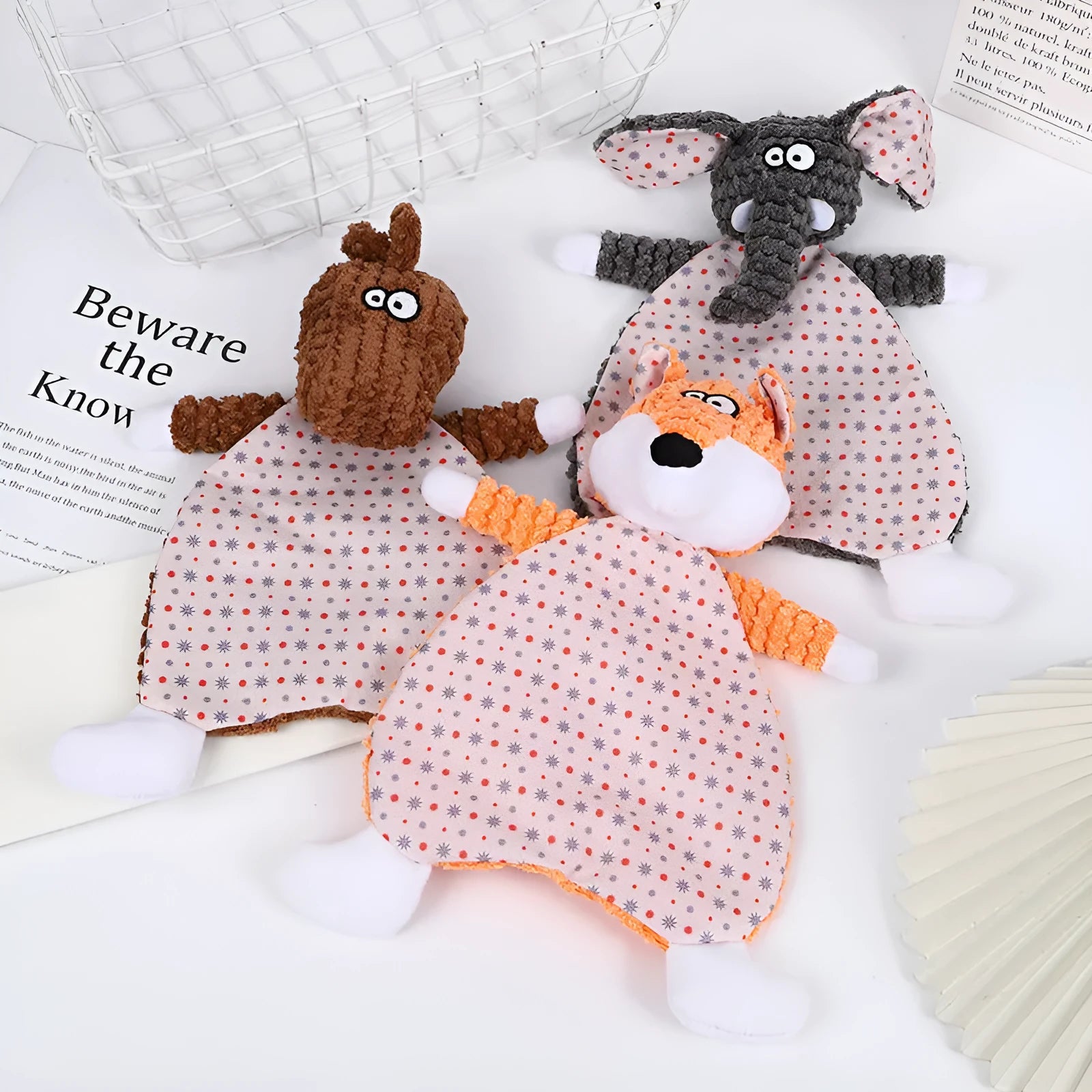 Brown velvet fox-shaped pet toy with sound element for interactive cat and dog play