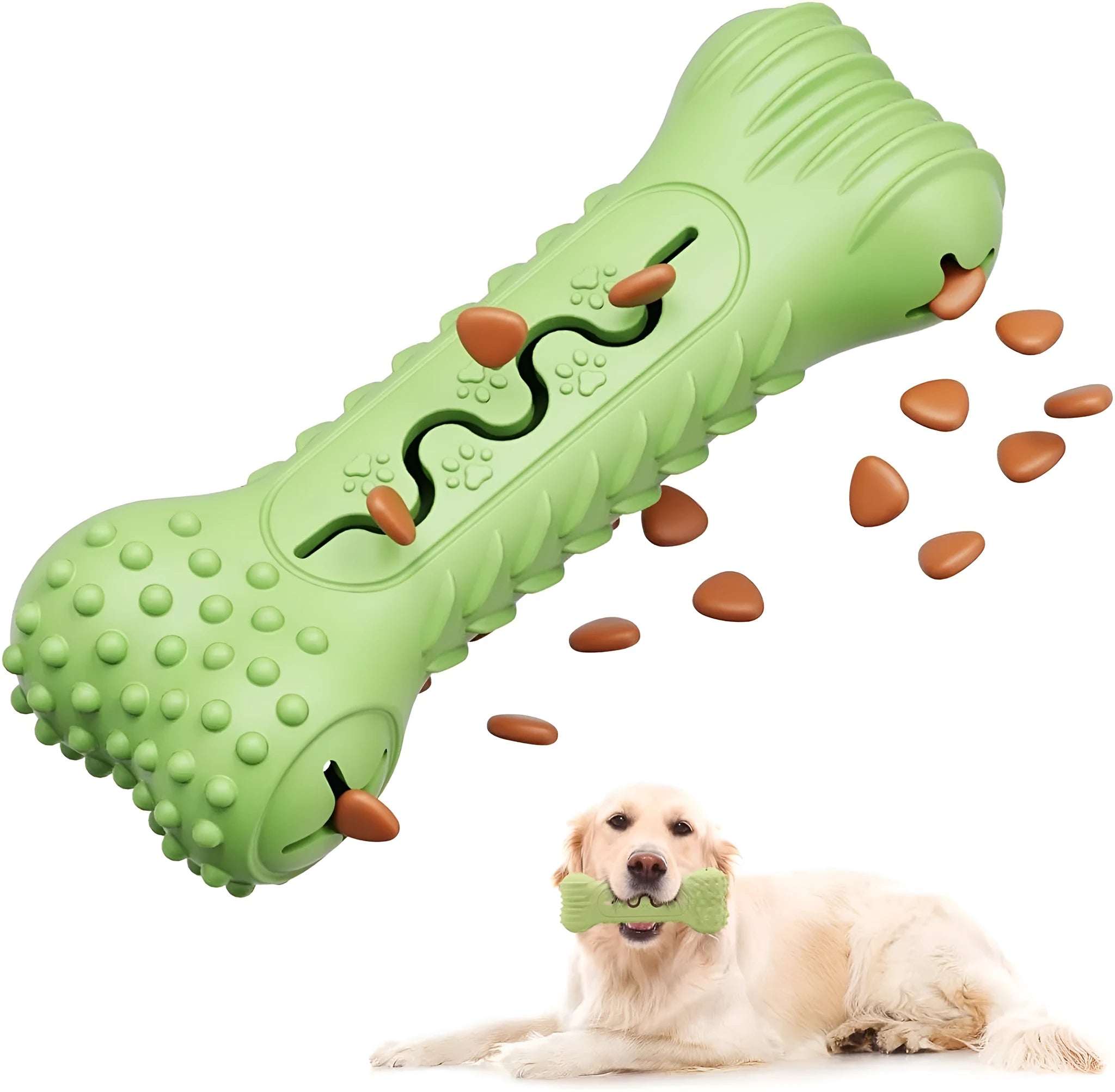 Natural rubber bone-shaped dog chew toy in blue, green, and orange options for aggressive chewers