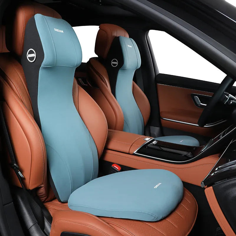 Automotive memory foam waist cushion and headrest support pillow in integrated one-piece design