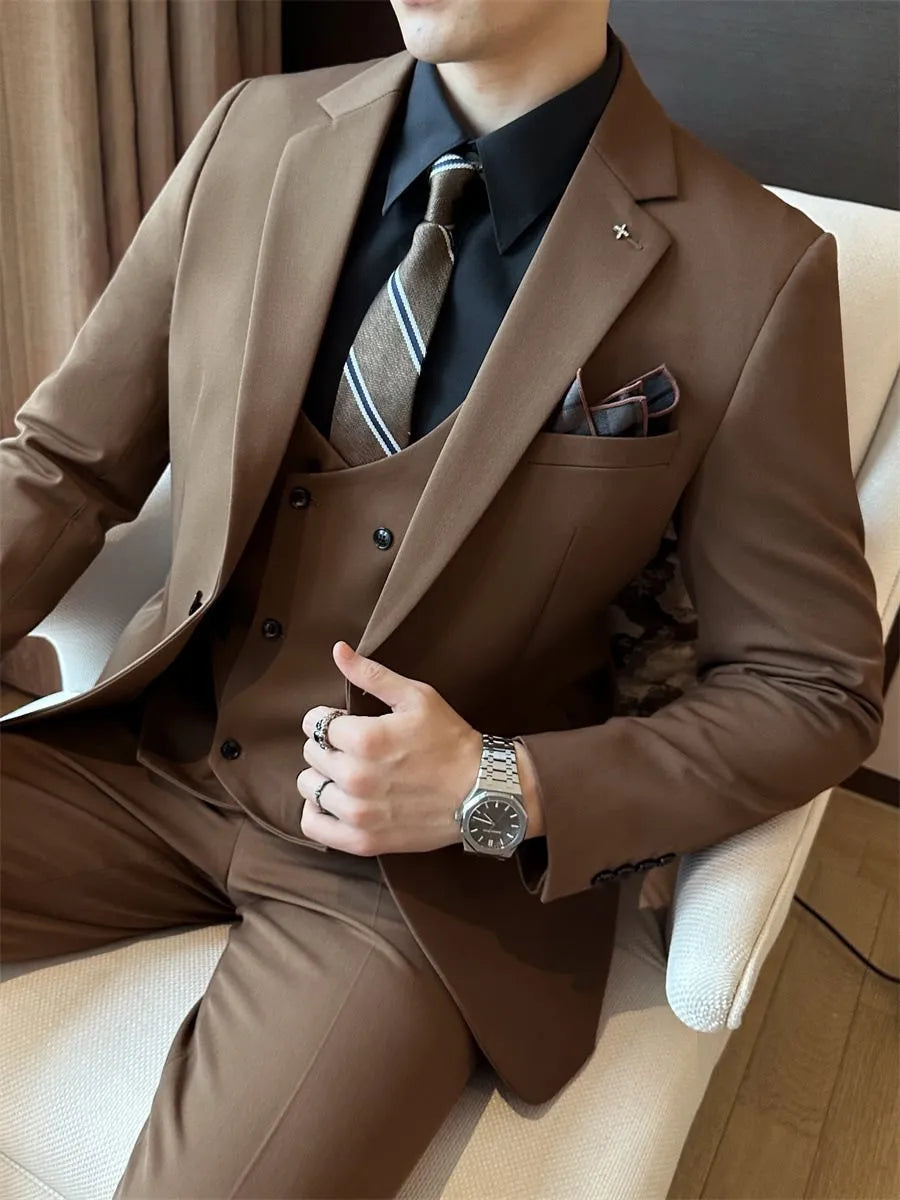 Men's dark green slim-fit formal blazer on a hanger