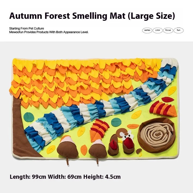 Plastic fabric dog sniffing mat in a thematic design, used for hiding food treats as a pet enrichment toy