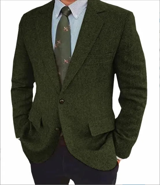 Men's brown herringbone pattern retro suit jacket with long sleeves on a hanger.