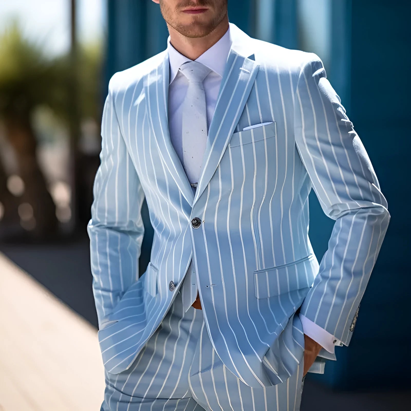 Blue and white button men's solid colour double-button suit jacket on a hanger.