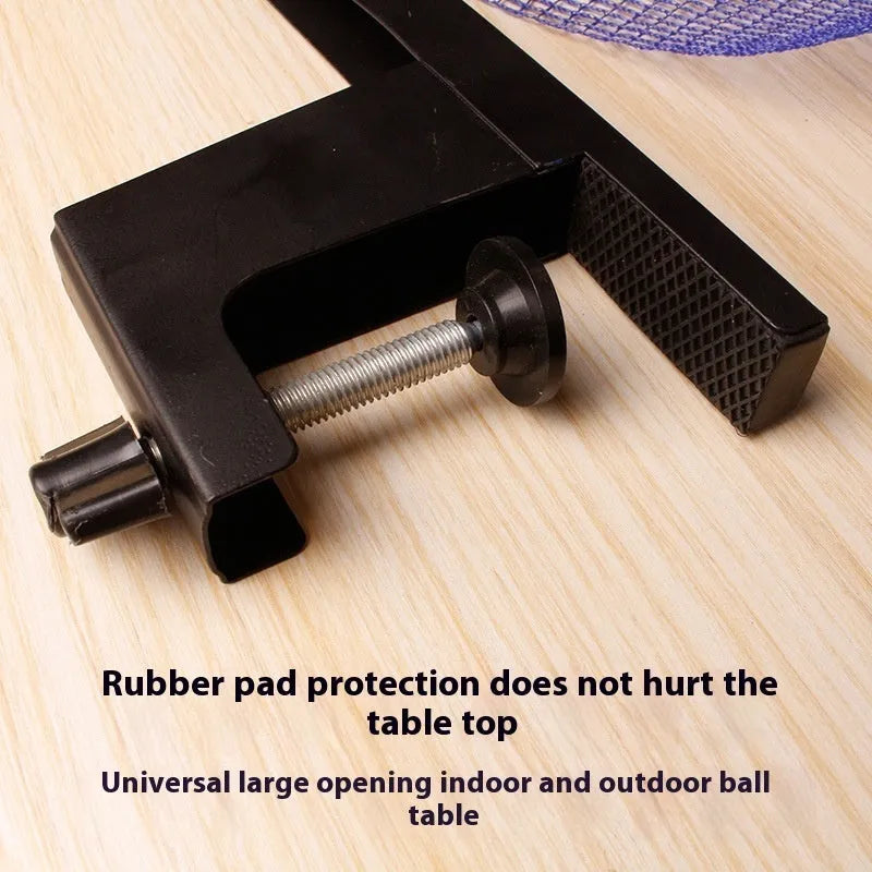 Table tennis post with large universal clip for indoor open grid table mounting