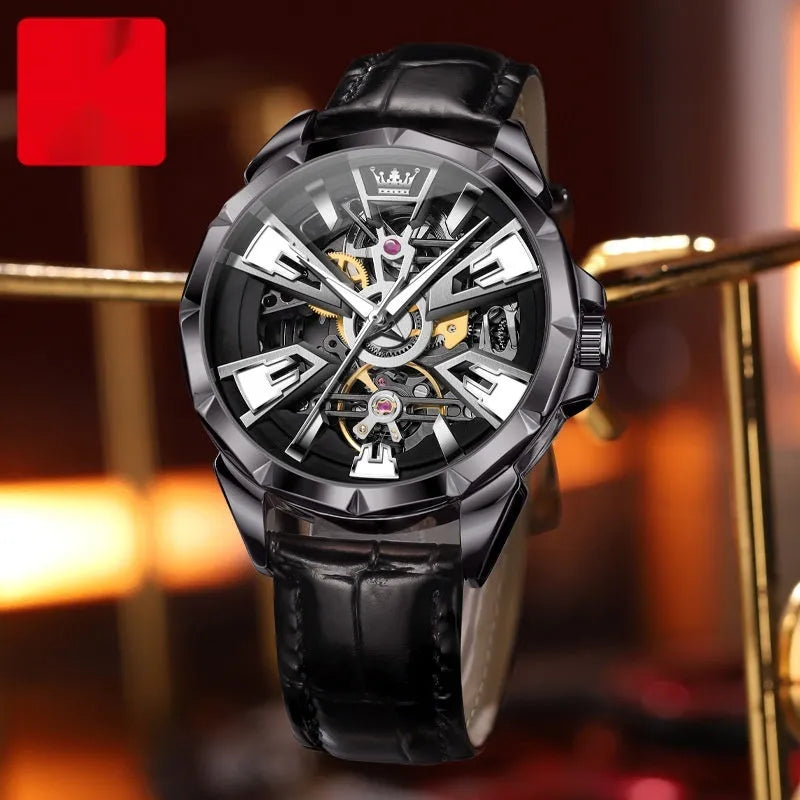 Men's automatic mechanical watch with hollow dial, stainless steel case and brown leather strap