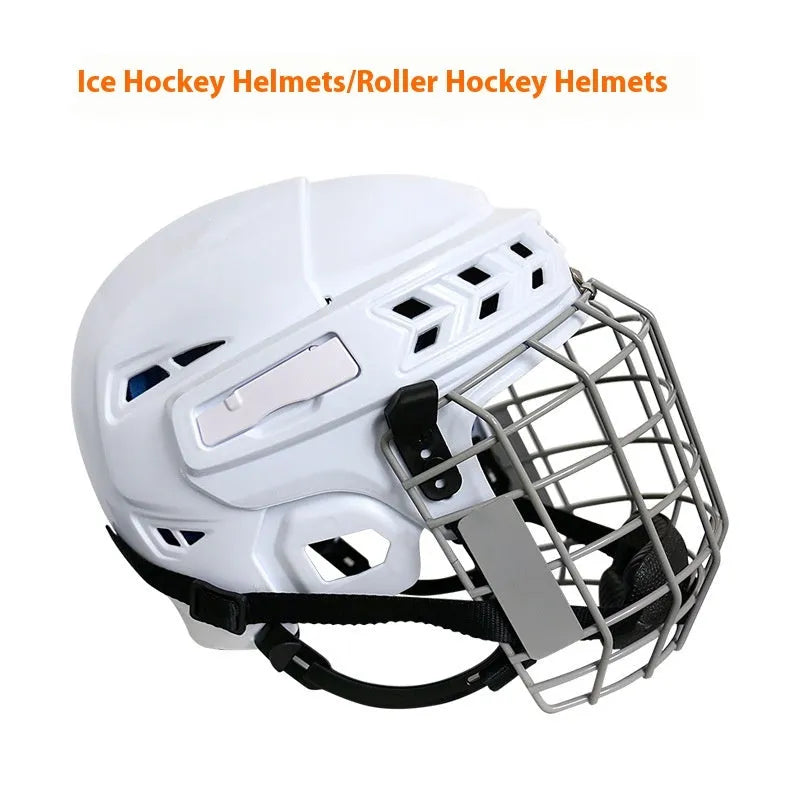 Adult ice hockey helmet with a carbon steel face mask, shown in S/M/L/XL sizes.