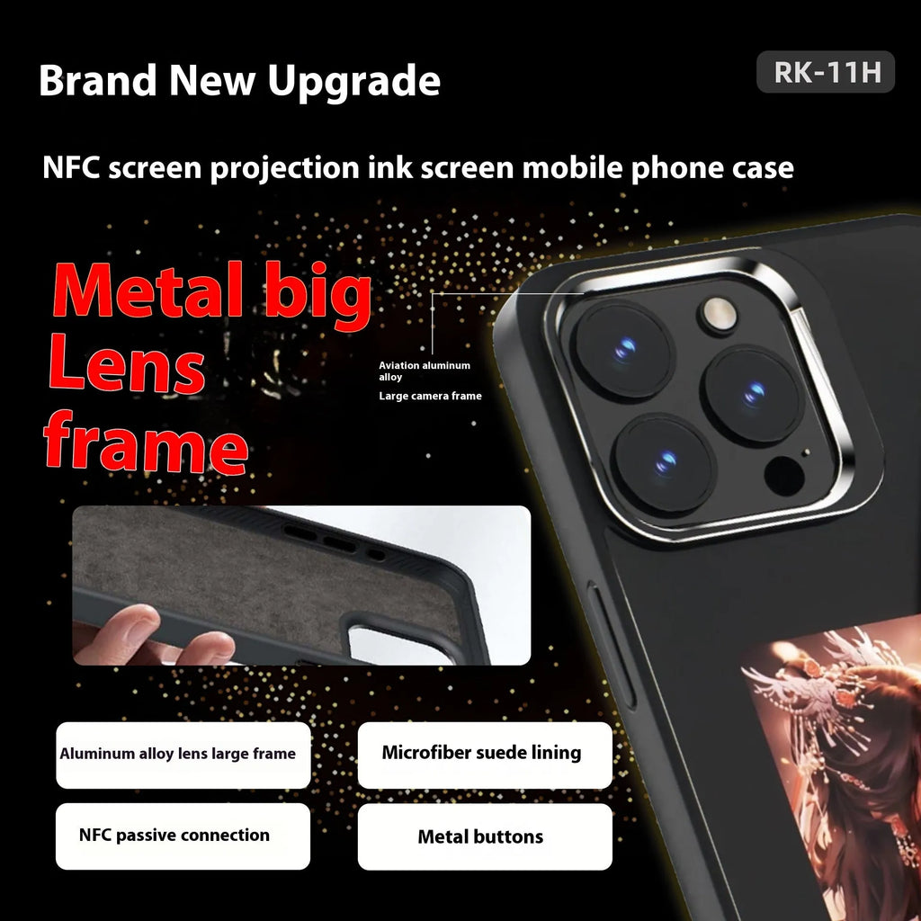 TPU phone case with pattern e-ink screen projection for Apple iPhone 13-16, available in black white gray pink blue
