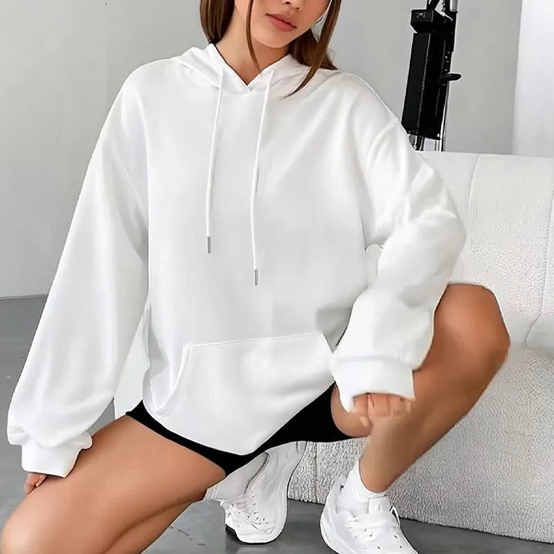 Women's loose grey drawstring hood sweatshirt with a front kangaroo pocket on a hanger.