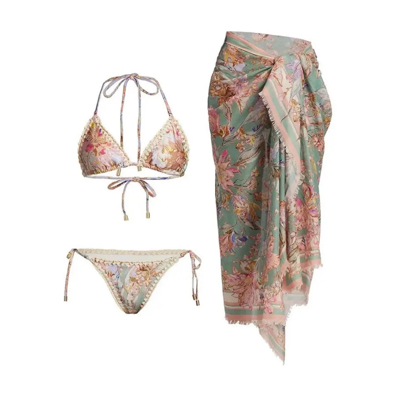 Women's creamy white floral bikini set with halter top, briefs, and a detachable ruffled skirt.