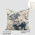 Antique blue decorative pillow with abstract flower pattern, shown in square and waist pillow sizes.